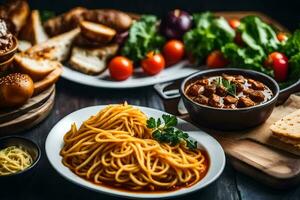 spaghetti with meat sauce and bread on a wooden table. AI-Generated photo