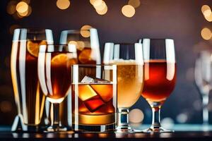 a variety of alcoholic drinks on a table. AI-Generated photo