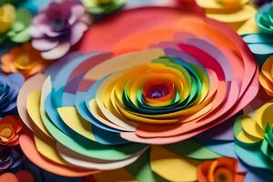 a colorful paper flower arrangement with a center of a rainbow. AI-Generated photo