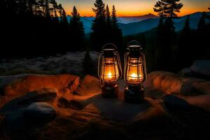 two lanterns on the rocks in the mountains. AI-Generated photo