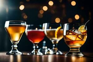 four different types of alcoholic drinks on a table. AI-Generated photo