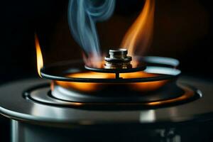a close up of a gas stove with smoke coming out. AI-Generated photo