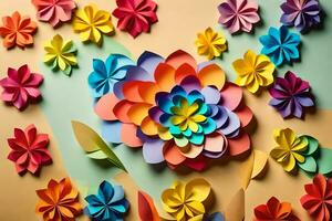 colorful paper flowers on a beige background. AI-Generated photo