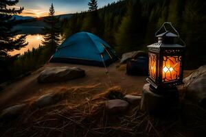 a camping tent and lantern are set up on the edge of a lake. AI-Generated photo