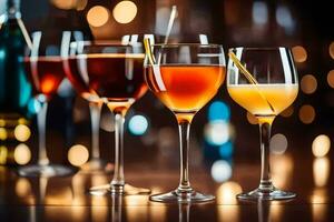 a group of glasses with different colored drinks. AI-Generated photo
