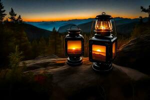 lanterns in the mountains at sunset. AI-Generated photo