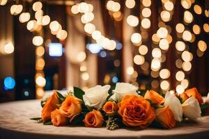 a table with orange roses and white flowers. AI-Generated photo