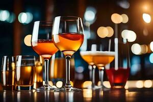 a group of glasses with different drinks on a table. AI-Generated photo