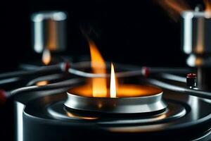 a close up of a lit candle on a metal burner. AI-Generated photo