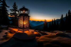 a lantern lit up in the snow at sunset. AI-Generated photo