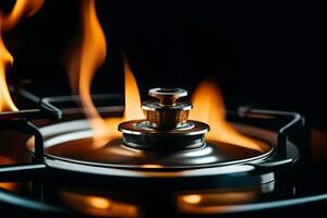 a close up of a gas stove with flames. AI-Generated photo