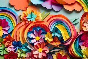 colorful paper flowers and butterflies are arranged in a circle. AI-Generated photo