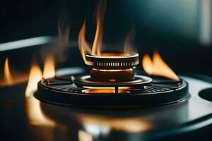 a close up of a gas stove with flames. AI-Generated photo