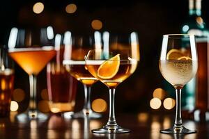 a group of glasses with different types of alcohol. AI-Generated photo