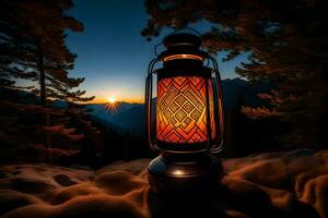 a lantern lit up in the dark with the sun setting behind it. AI-Generated photo