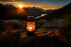 a lantern is lit up in the mountains at sunset. AI-Generated photo