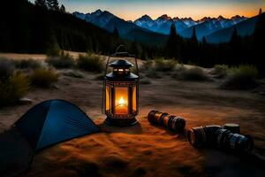 the lantern is lit in the middle of the desert. AI-Generated photo