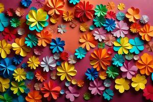 colorful paper flowers on a pink background. AI-Generated photo