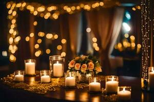 candles and flowers on a table with lights. AI-Generated photo