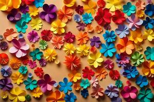 colorful paper flowers on a wall. AI-Generated photo