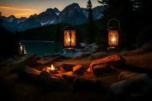 the lanterns are lit by the fire in the lake. AI-Generated photo