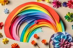 a rainbow made of paper flowers and a paper flower. AI-Generated photo