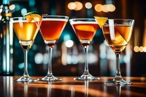 five different types of alcoholic drinks on a bar counter. AI-Generated photo