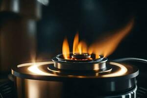 a close up of a gas burner on a stove. AI-Generated photo