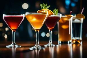 three different types of alcoholic drinks on a bar. AI-Generated photo