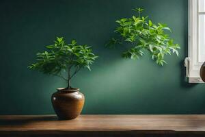 dos en conserva plantas en un mesa en frente de un verde pared. generado por ai foto