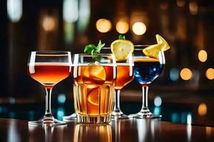 four glasses of different alcoholic drinks on a bar. AI-Generated photo