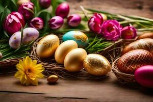 Pascua de Resurrección huevos y tulipanes en un de madera mesa. generado por ai foto
