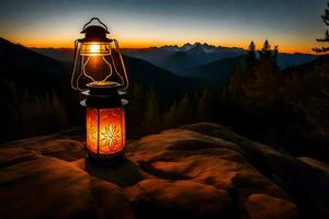 a lantern on top of a mountain at sunset. AI-Generated photo