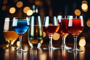glasses of wine and liquor on a table. AI-Generated photo