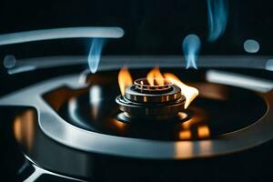 a close up of a gas burner on a stove. AI-Generated photo