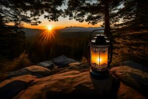 a lantern is lit on a rock in the middle of a forest. AI-Generated photo