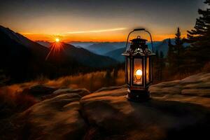 lantern, the sun, mountains, sunset, landscape, hd wallpaper. AI-Generated photo