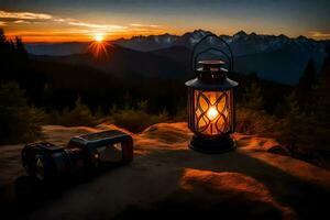 a lantern and camera on a mountain at sunset. AI-Generated photo