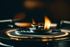 a close up of a gas stove with flames. AI-Generated photo