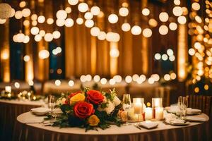 a table with candles and flowers in front of a string of lights. AI-Generated photo