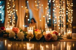 velas y flores son arreglado en un mesa con luces. generado por ai foto