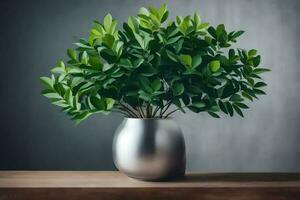 a silver vase with green leaves in it. AI-Generated photo