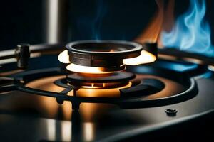 a gas burner on a stove with blue flames. AI-Generated photo