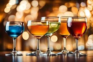 five different colored drinks in glasses on a table. AI-Generated photo