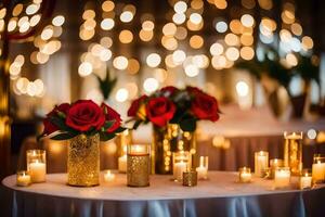 red roses and candles on a table with lights. AI-Generated photo