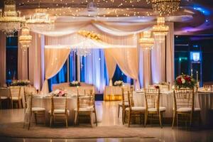 a wedding reception with chandeliers and white drapes. AI-Generated photo