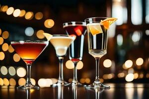 three different types of alcoholic drinks on a bar. AI-Generated photo