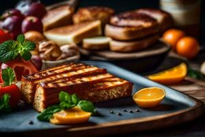 A la parrilla queso emparedado en un plato con Fruta y vegetales. generado por ai foto