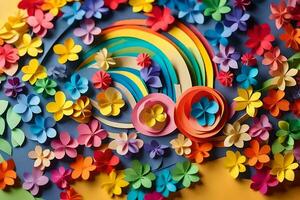 a colorful paper art piece with flowers and a rainbow. AI-Generated photo