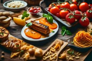 various types of food on a wooden table. AI-Generated photo